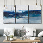 Three-panel canvas wall art featuring moody abstract sea with depth, displayed in a modern living room above seating.