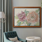 Modern peony floral drawing in an ornate vintage burl wood frame displayed in a neutral interior setting.