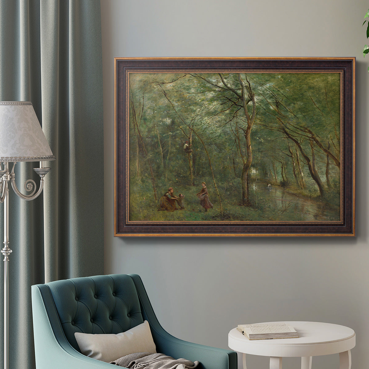 Traditional rural landscape scene with figures by Jean-Baptiste-Camille Corot in an ornate bronzed mahogany wood frame displayed in a bright interior setting.