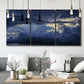 Three-panel canvas wall art featuring hot air balloons rising at dawn, displayed in a modern living room above seating.