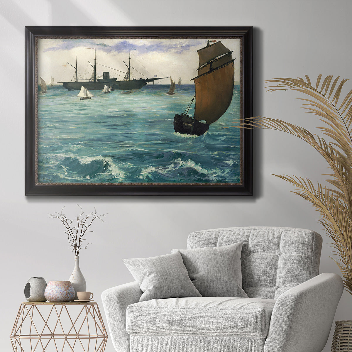 Impressionist naval seascape with the Kearsarge by Édouard Manet in an ornate black frame with gilded inner detail displayed in a bright interior setting.