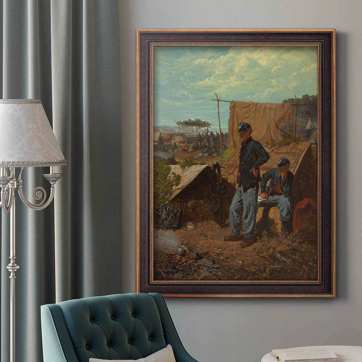 American genre scene of domestic life by Winslow Homer in an ornate bronzed mahogany wood frame displayed in a dark-toned interior setting.