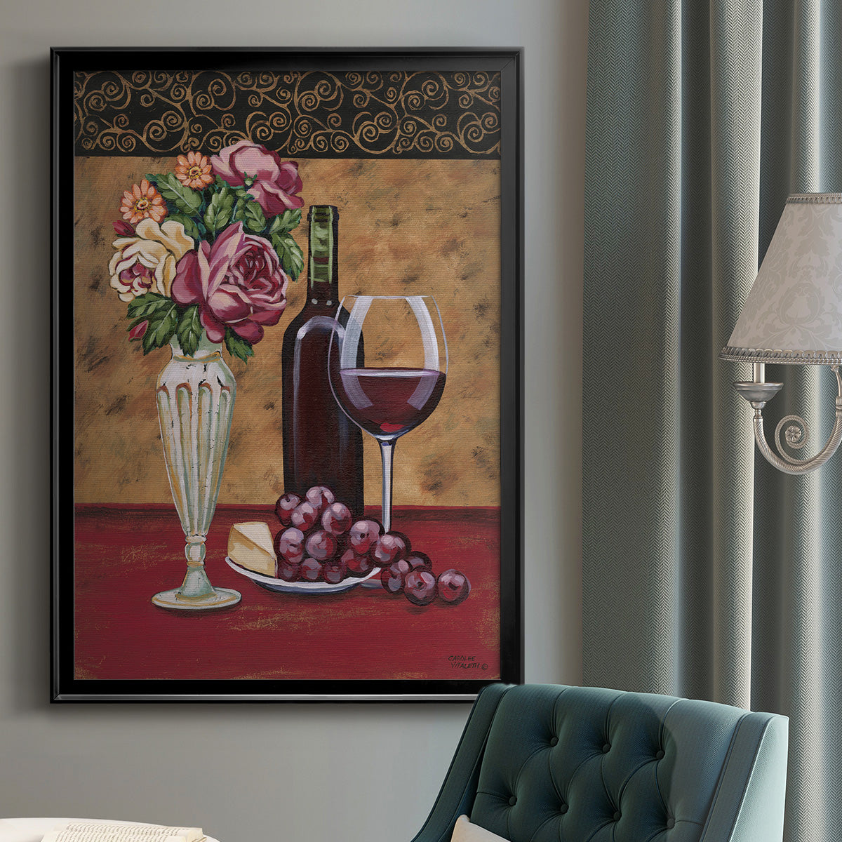 Vintage Flowers and Wine I - Modern Framed Canvas Print