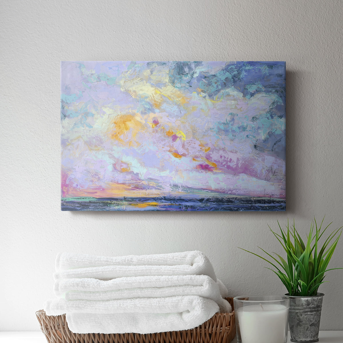 Vibrant sunset over tranquil ocean with pastel clouds, capturing the calming essence of twilight hours