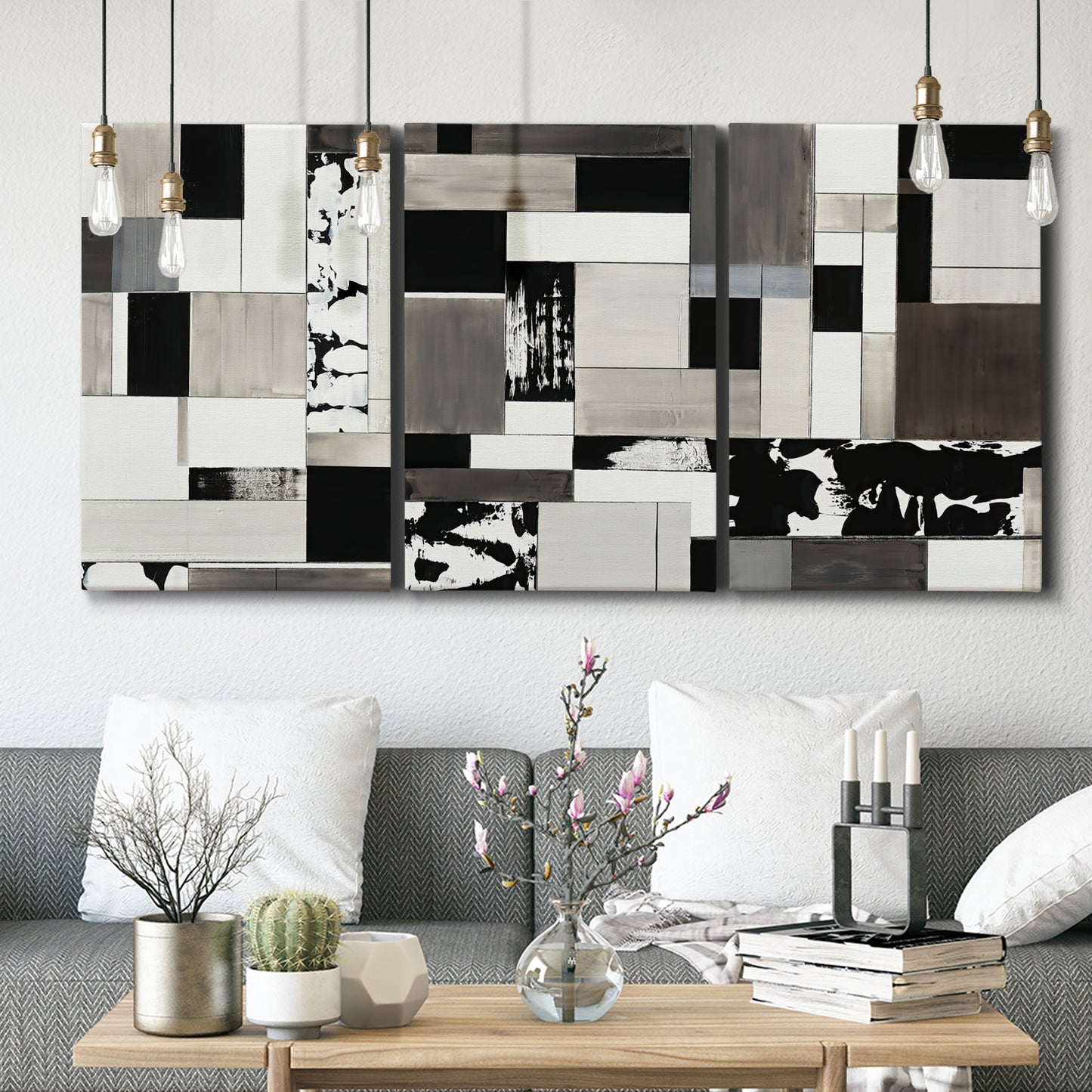 Three-panel canvas wall art featuring rectangular mid century geometric abstraction, displayed in a modern living room above seating.