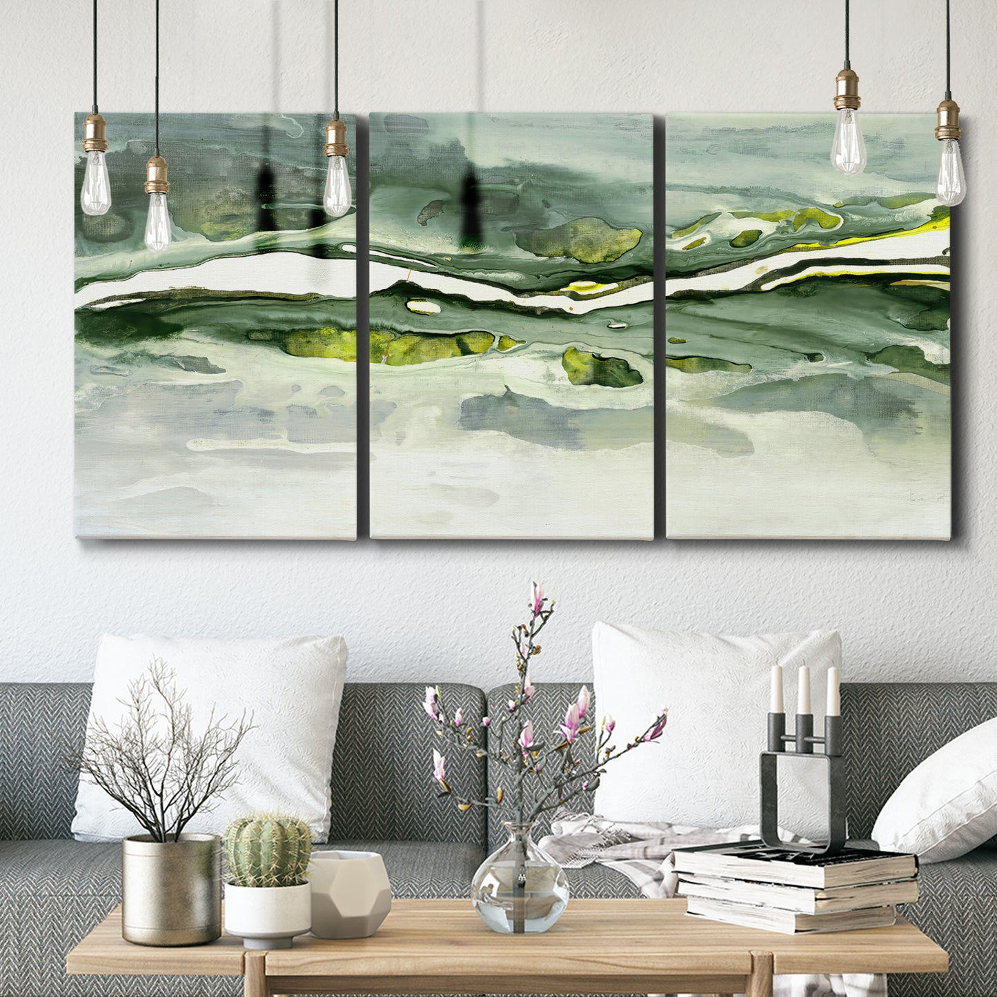 Three-panel canvas wall art featuring abstract passage of time composition, displayed in a modern living room above seating.
