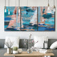 Three-panel canvas wall art featuring graphic pop style sailboats, displayed in a modern living room above seating.