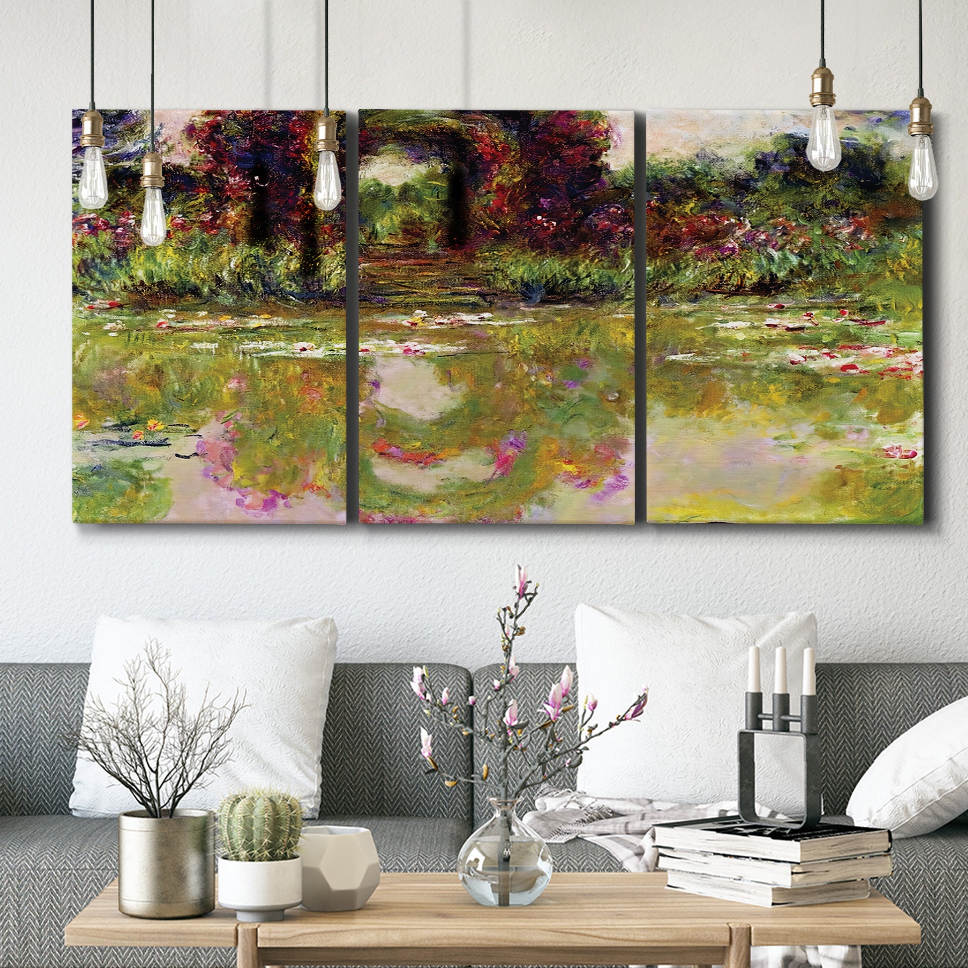 Three-panel canvas wall art featuring arched rose garden walkway, displayed in a modern living room above seating.