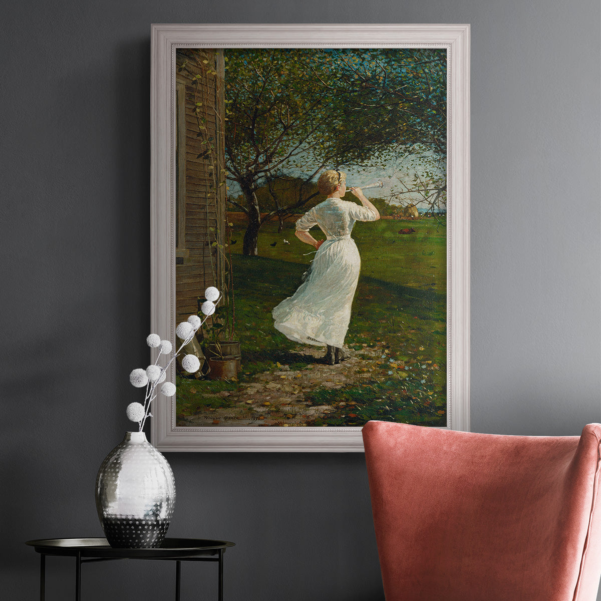 Narrative religious genre scene by Winslow Homer in an ornate weathered white frame displayed in a dark-toned interior setting.