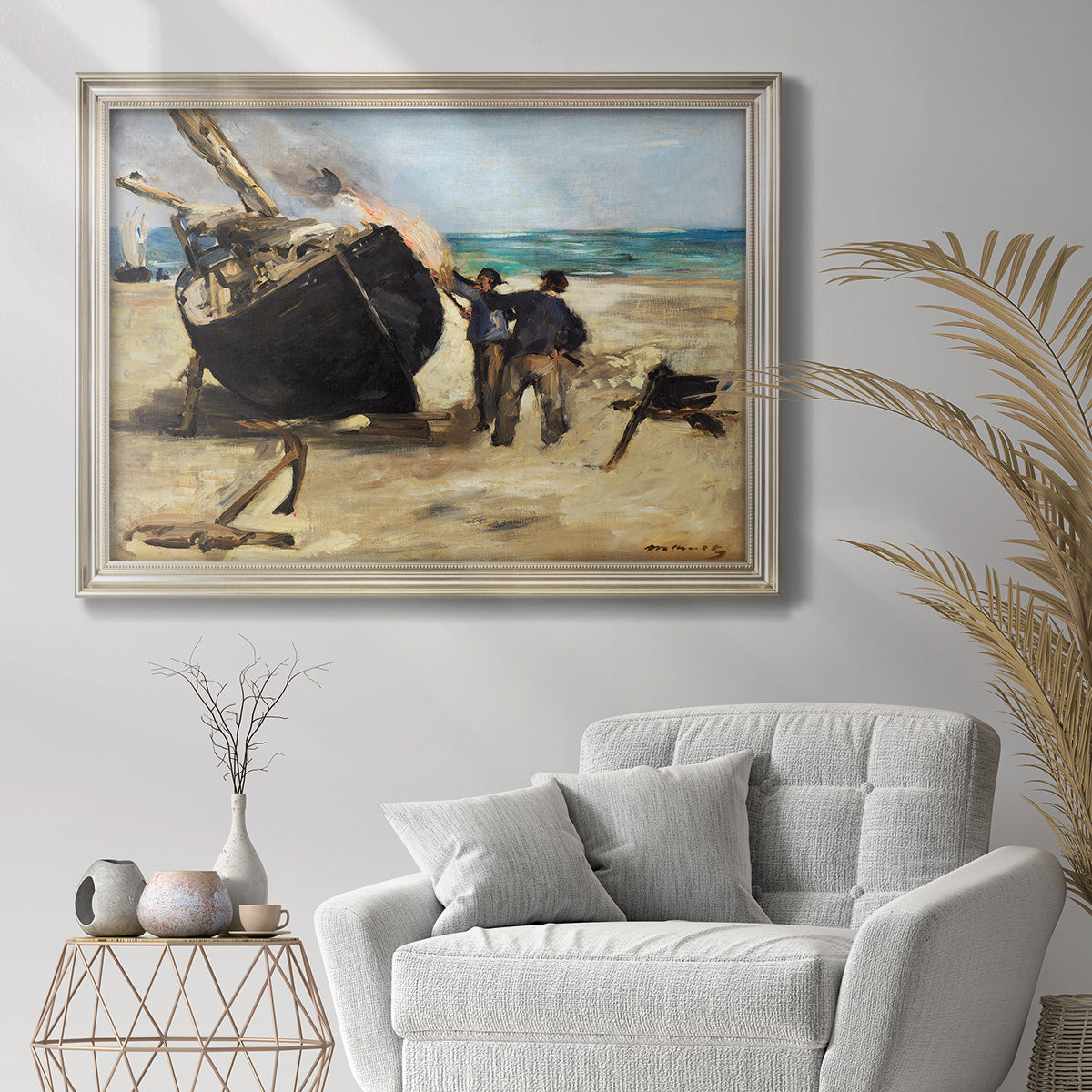 Impressionist nautical work scene by Édouard Manet in an ornate champagne frame displayed in a bright interior setting.
