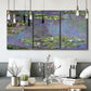 Three-panel canvas wall art featuring purple haze water lily pond, displayed in a modern living room above seating.