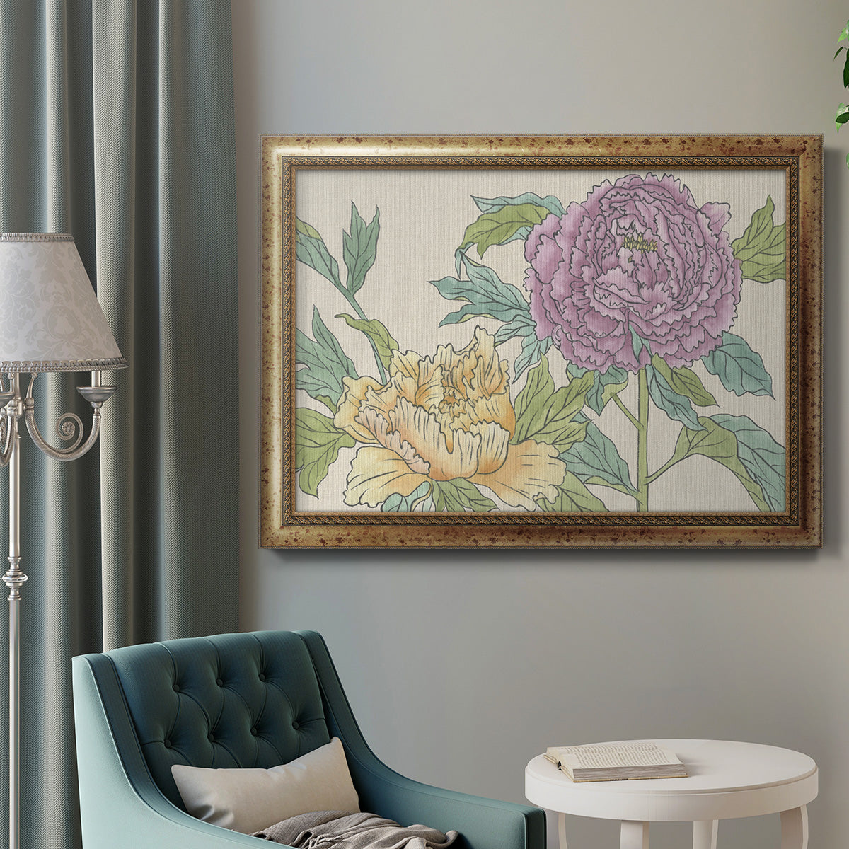 Contemporary peony flower illustration in an ornate vintage gold frame displayed in a neutral interior setting.