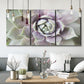 Three-panel canvas wall art featuring close up succulent photography, displayed in a modern living room above seating.