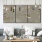 Three-panel canvas wall art featuring mid century terrazzo inspired abstraction, displayed in a modern living room above seating.