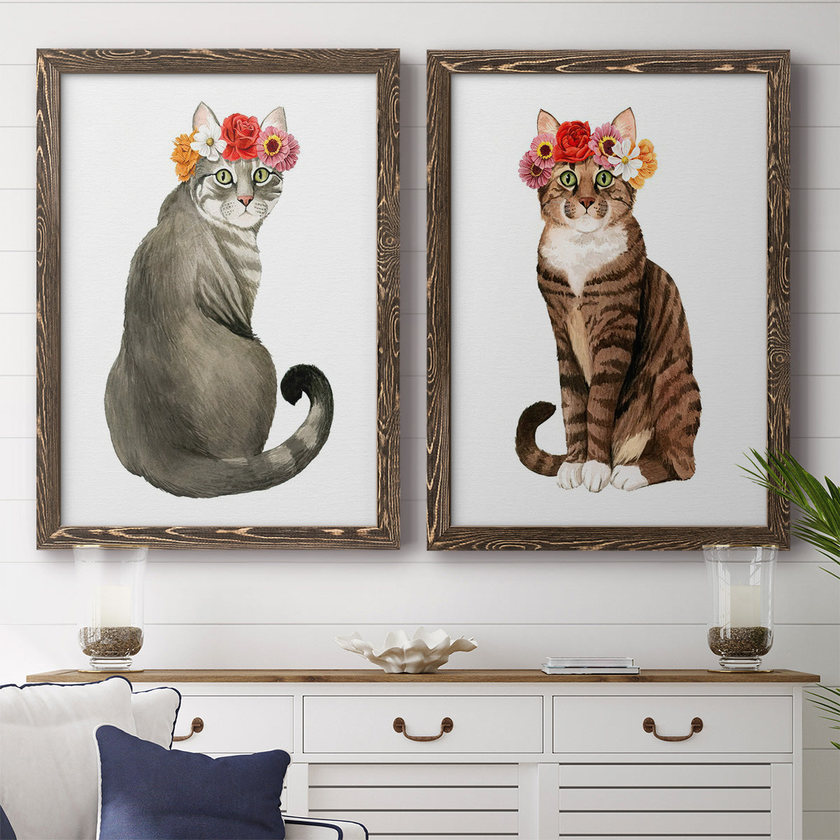 Flower Crown Cats I - Premium Framed Canvas 2 Piece Set - Ready to Hang