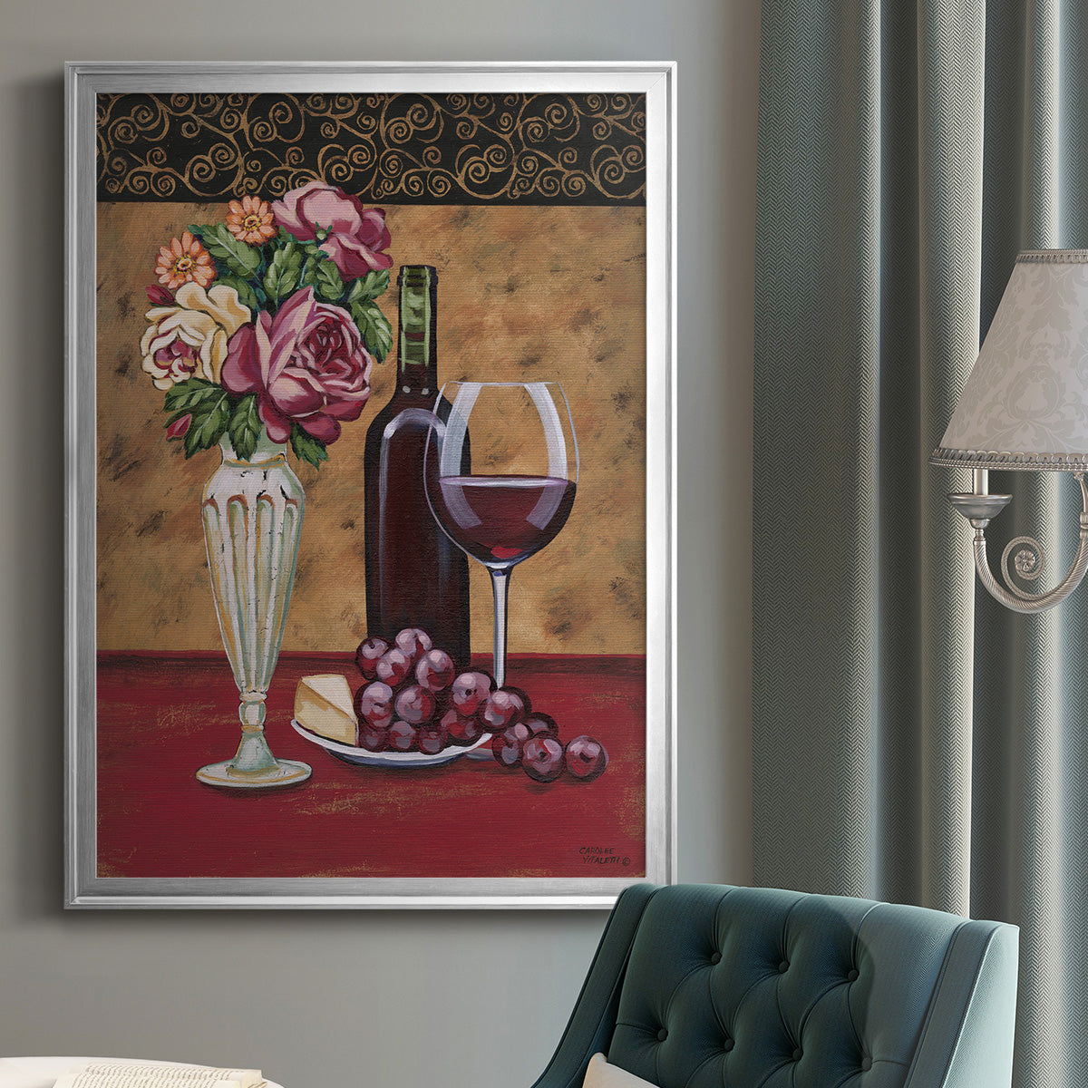 Vintage Flowers and Wine I - Modern Framed Canvas Print