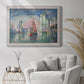 Impressionist harbor scene by Paul Signac in an ornate weathered white frame displayed in a bright interior setting.