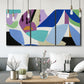 Three-panel canvas wall art featuring colorful abstract homage to modernism, displayed in a modern living room above seating.