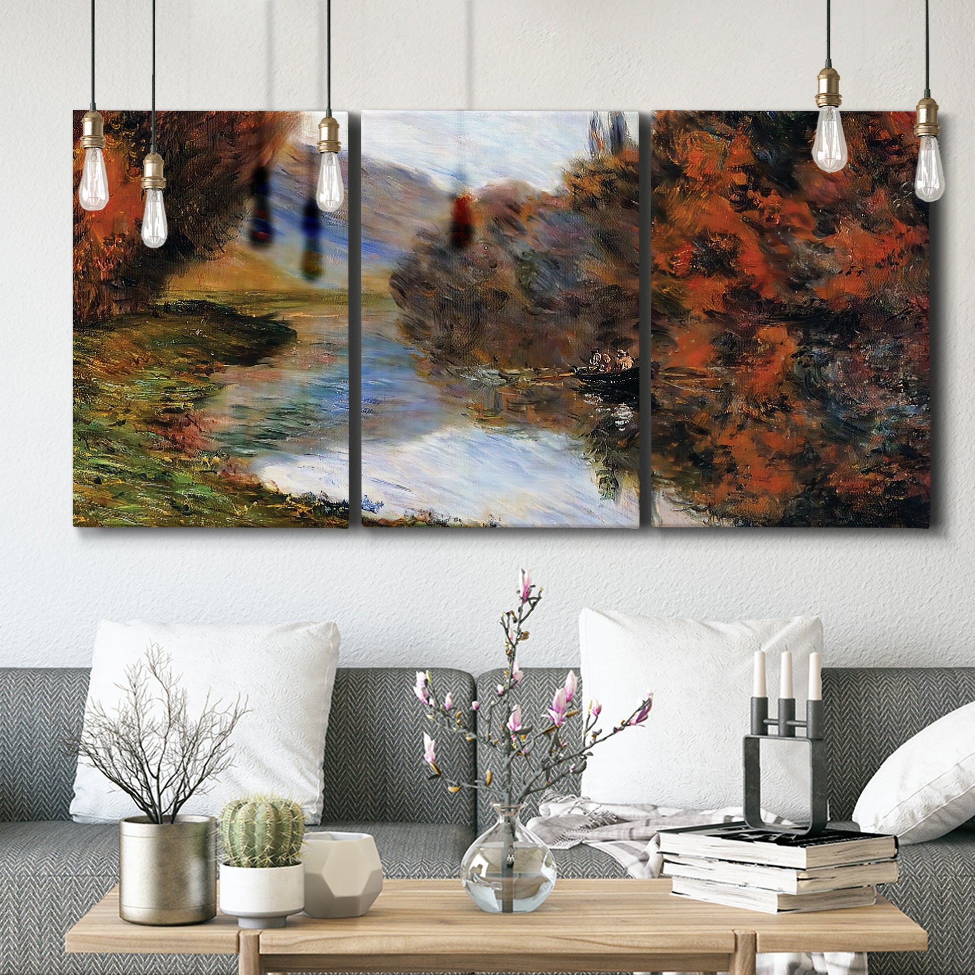 Three-panel canvas wall art featuring rowboat on quiet river bend, displayed in a modern living room above seating.