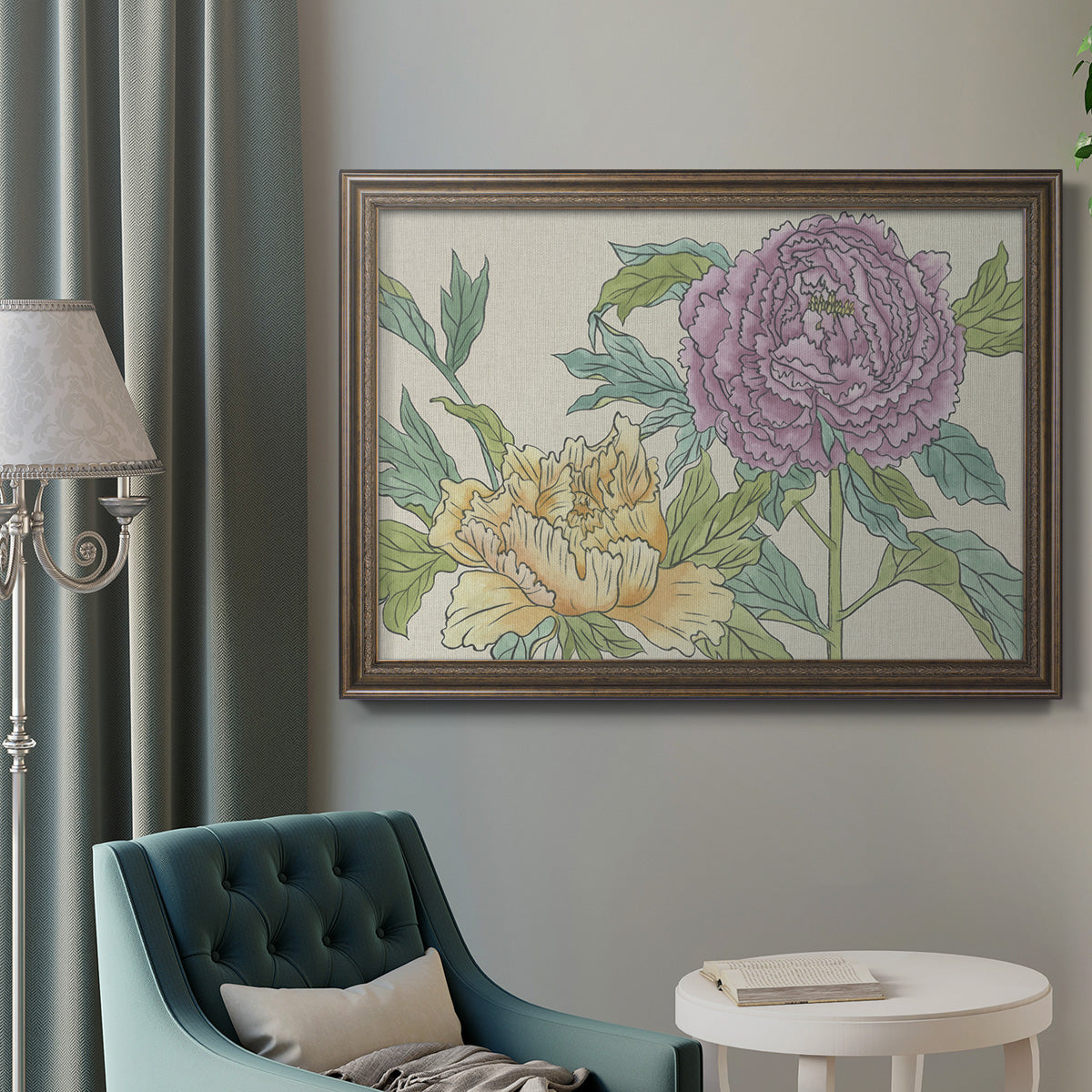 Contemporary peony flower illustration in an ornate traditional bronze frame displayed in a neutral interior setting.