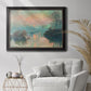 Impressionist winter river sunset scene by Claude Monet in an ornate black frame with gilded inner detail displayed in a bright interior setting.