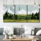 Three-panel canvas wall art featuring lush green summer countryside, displayed in a modern living room above seating.