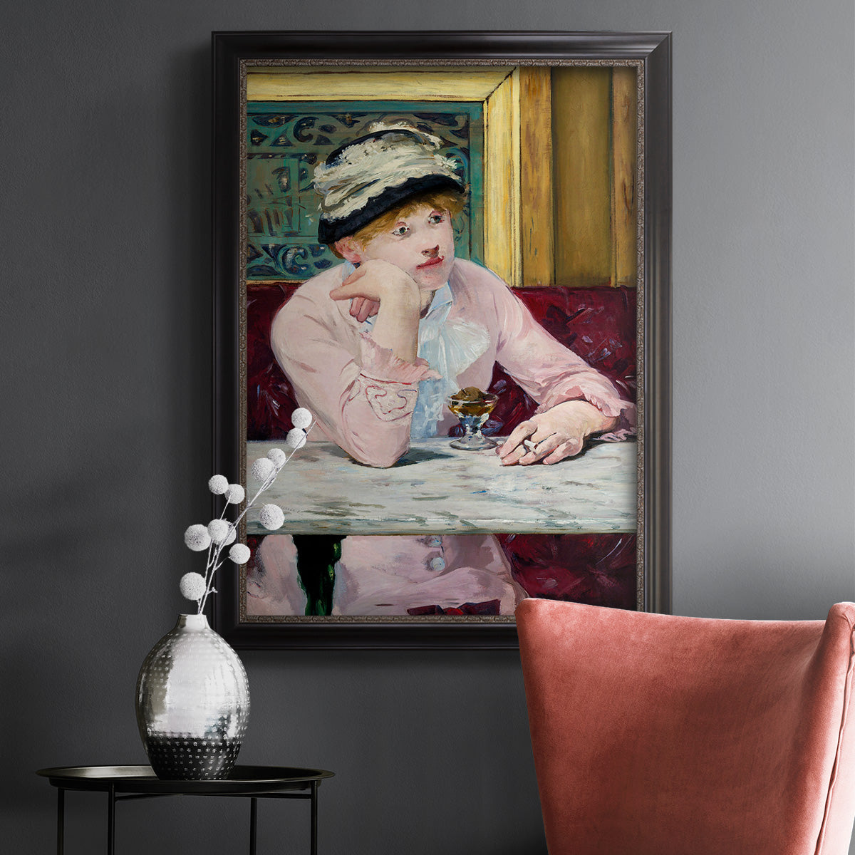 Impressionist portrait scene with plum brandy by Édouard Manet in an ornate black frame with gilded inner detail displayed in a dark-toned interior setting.