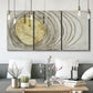 Three-panel canvas wall art featuring circular abstract energy forms, displayed in a modern living room above seating.