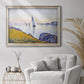 Impressionist coastal harbor at dusk by Paul Signac in an ornate champagne frame displayed in a bright interior setting.