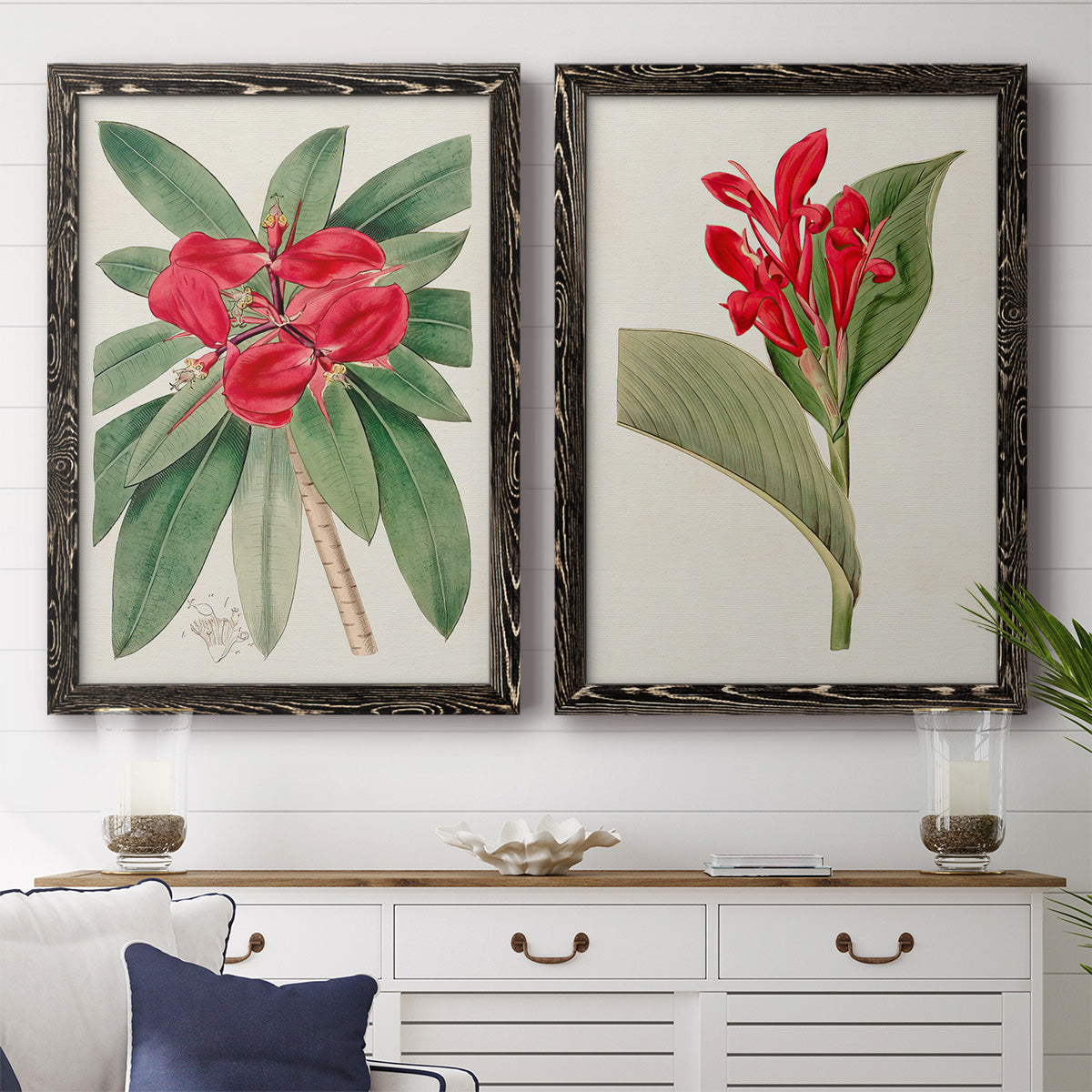 Set of two black barnwood framed canvas prints depicting a coordinated art pair of vivid tropical flowering plants rendered as antique botanical plate illustrations above a dining room sideboard.