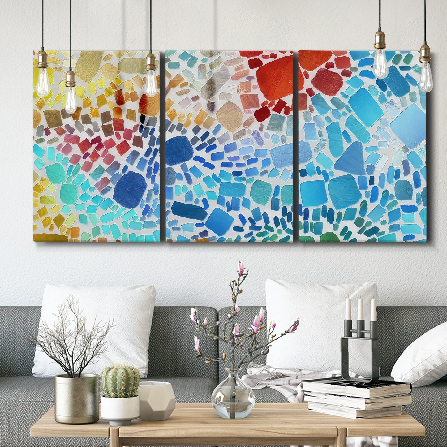 Three-panel canvas wall art featuring open landscape with landing strip, displayed in a modern living room above seating.
