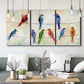 Three-panel canvas wall art featuring whimsical animal chatter illustration, displayed in a modern living room above seating.