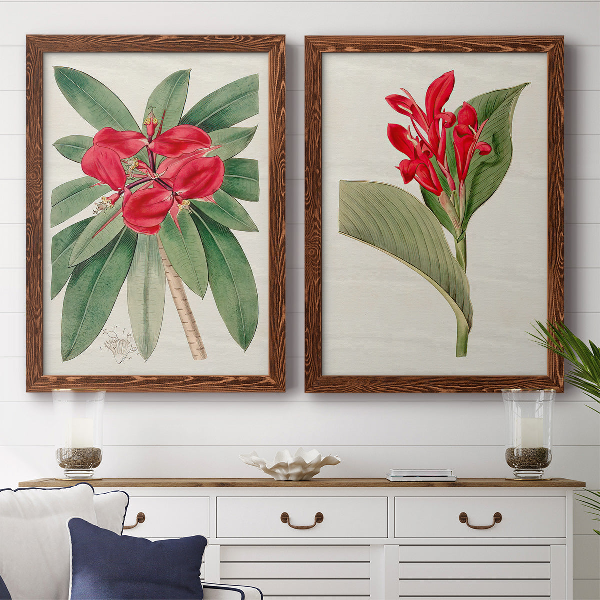Set of two maple barnwood framed canvas prints depicting a coordinated art pair of vivid tropical flowering plants rendered as antique botanical plate illustrations above a dining room sideboard.