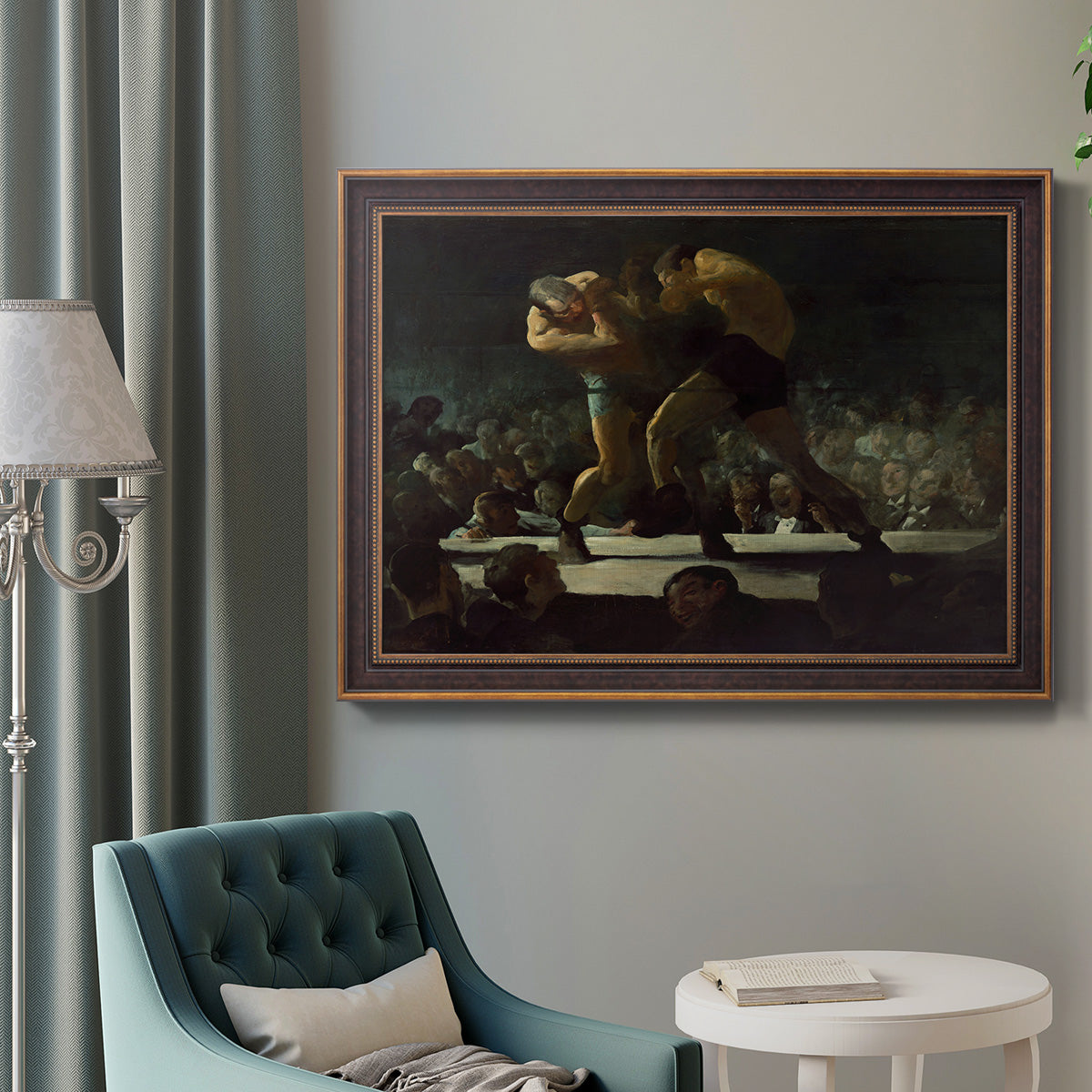 American social club scene painting by George Bellows in an ornate bronzed mahogany wood frame displayed in a bright interior setting.