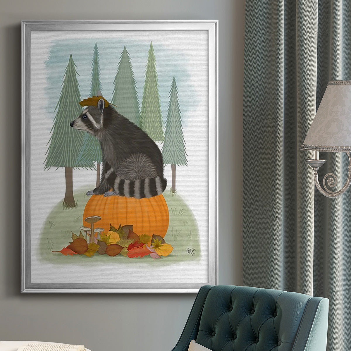 Raccoon On Pumpkin - Modern Framed Canvas Print