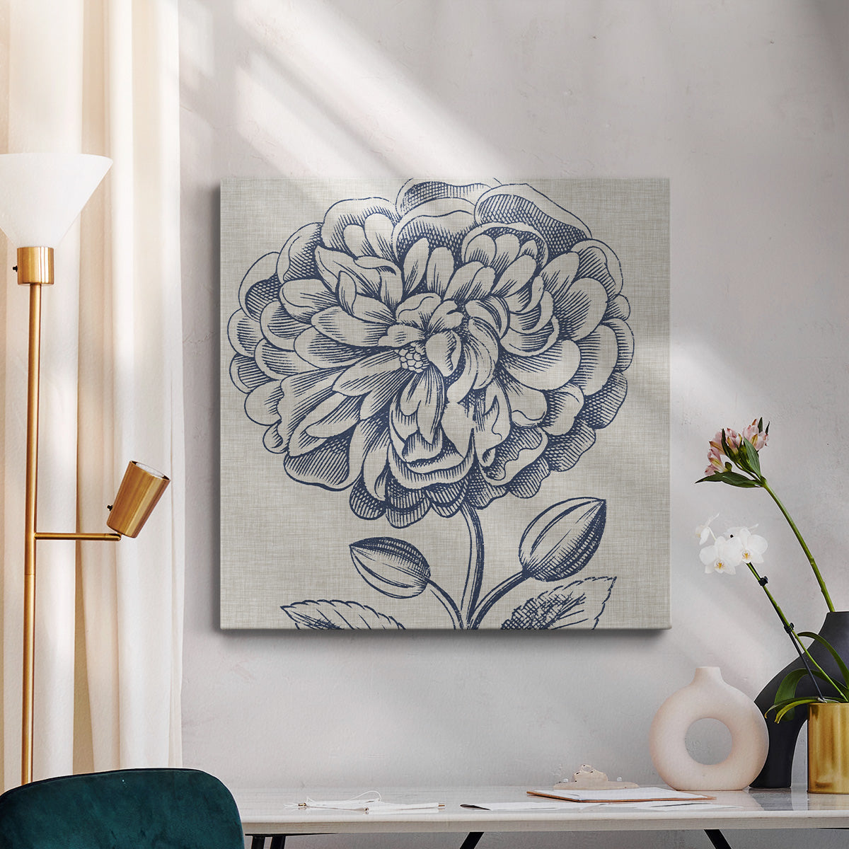 Indigo Floral on Linen III - Canvas Art Print