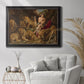 Dramatic biblical painting of Daniel with lions by Peter Paul Rubens in an ornate black frame with gilded inner detail displayed in a bright interior setting.