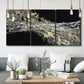 Three-panel canvas wall art featuring dark modern abstract wind patterns, displayed in a modern living room above seating.