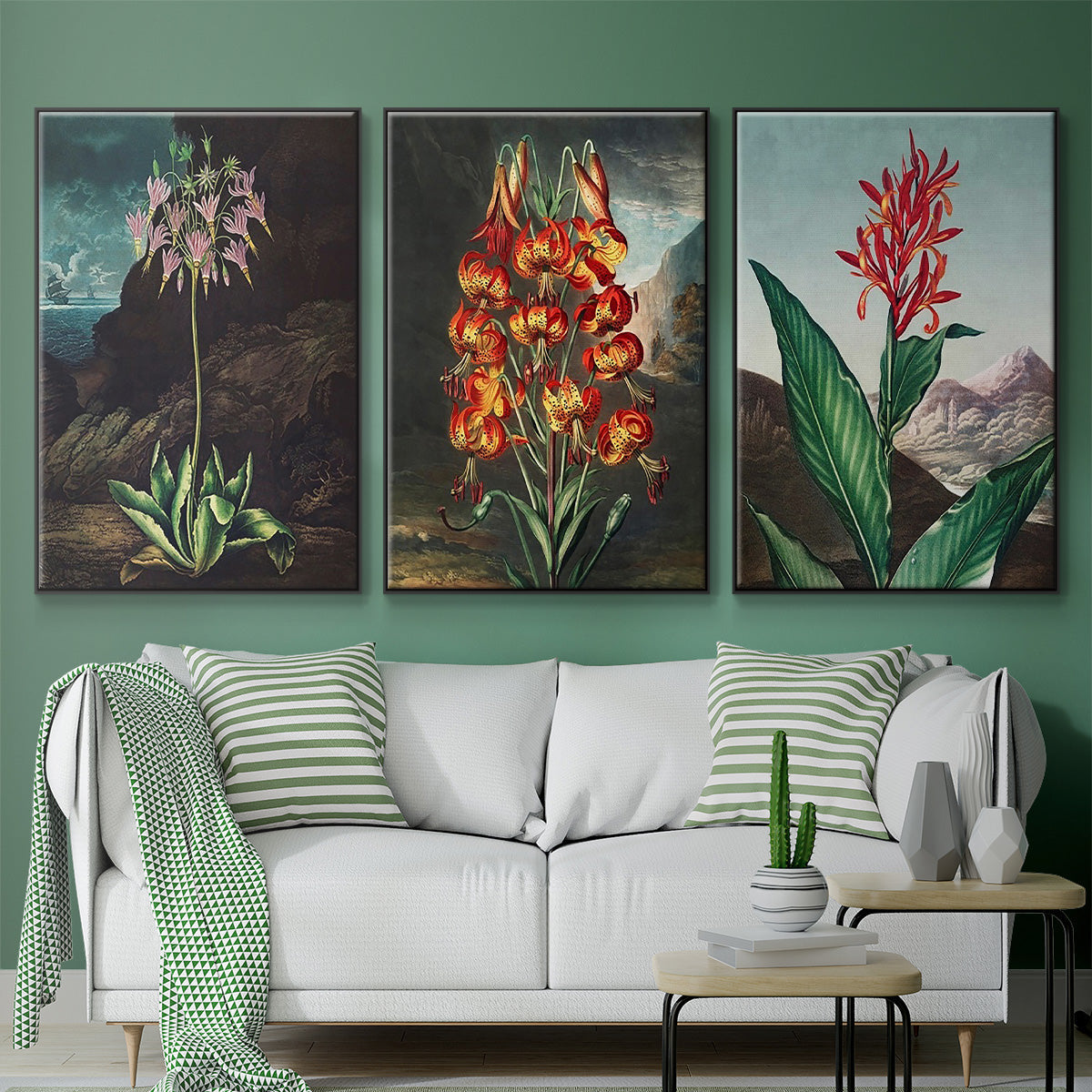 Temple of Flora I - Framed Premium Gallery Wrapped Canvas L Frame 3 Piece Set - Ready to Hang