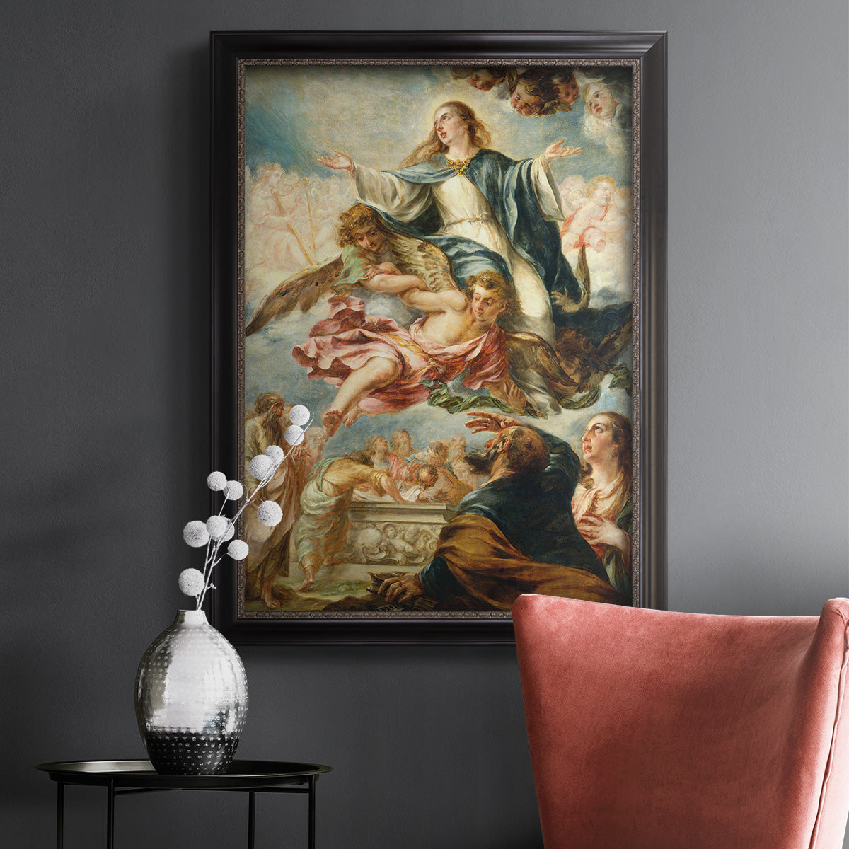Religious painting of the Assumption of the Virgin Mary by Juan de Valdés Leal in an ornate black frame with gilded inner detail displayed in a dark-toned interior setting.