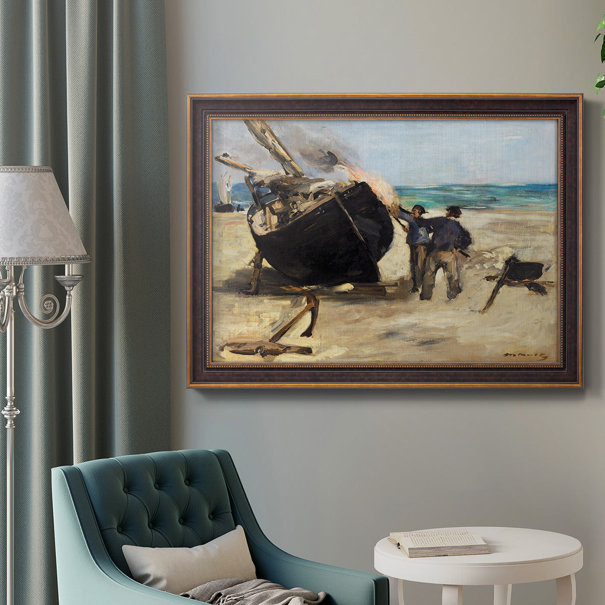 Impressionist nautical work scene by Édouard Manet in an ornate bronzed mahogany wood frame displayed in a bright interior setting.