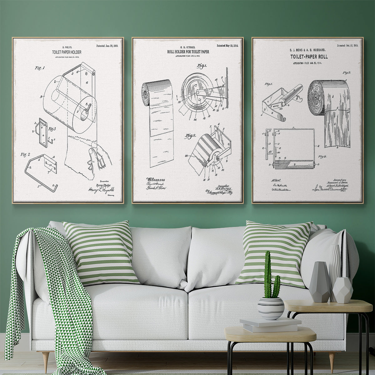 Toilet Paper Patent I - Framed Premium Gallery Wrapped Canvas L Frame 3 Piece Set - Ready to Hang