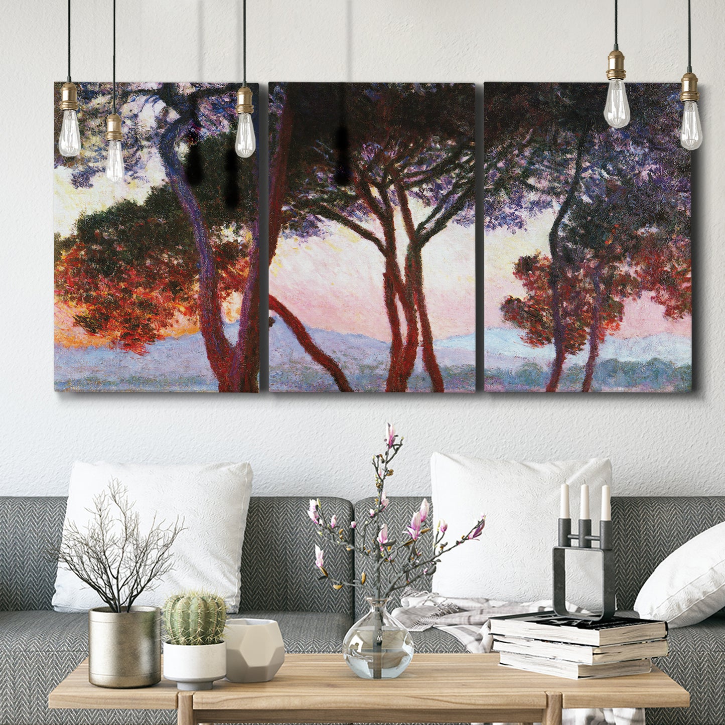 Three-panel canvas wall art featuring sunlit pines along mediterranean coast, displayed in a modern living room above seating.