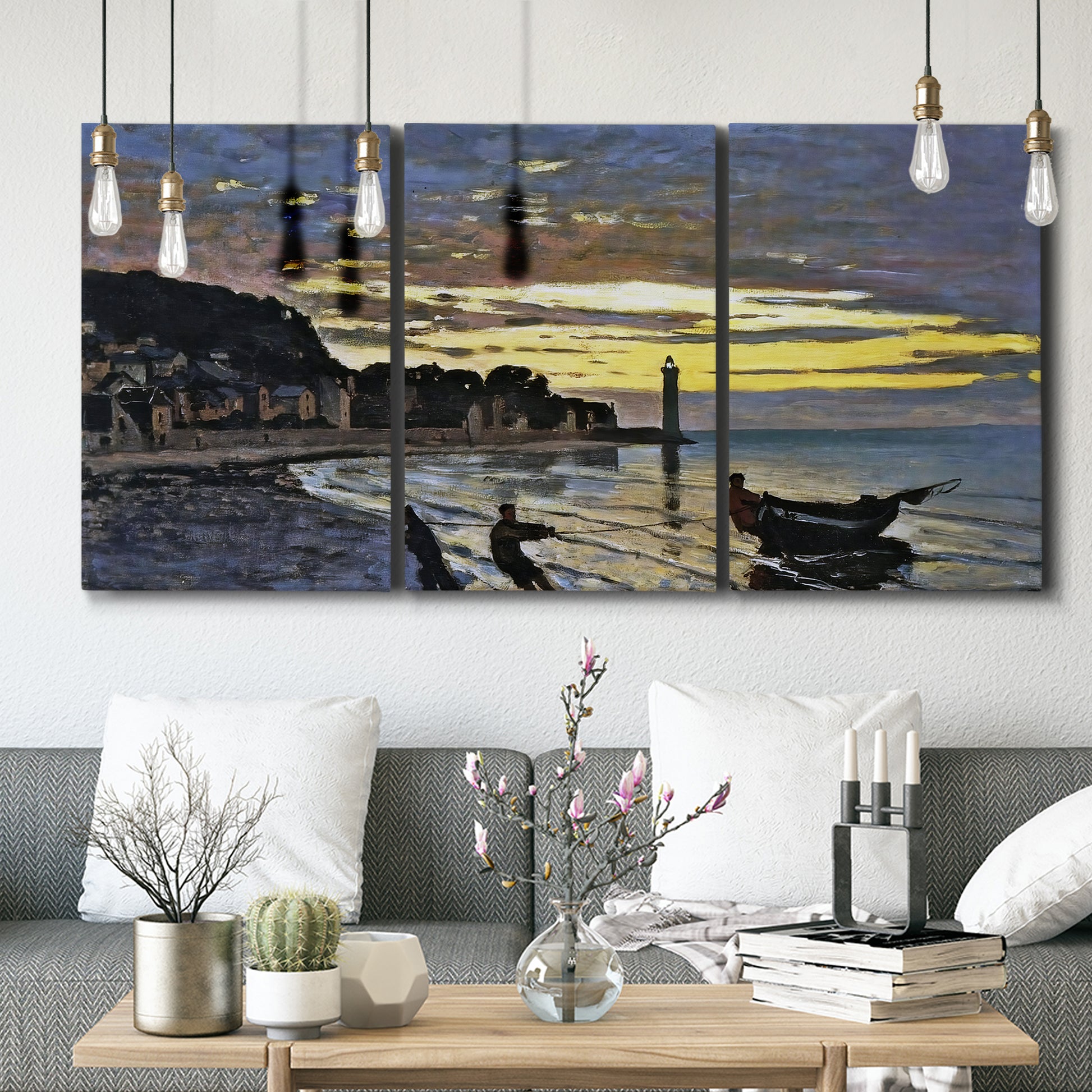 Three-panel canvas wall art featuring river at dusk with fading light, displayed in a modern living room above seating.