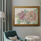 Modern peony floral drawing in an ornate traditional gold frame displayed in a neutral interior setting.