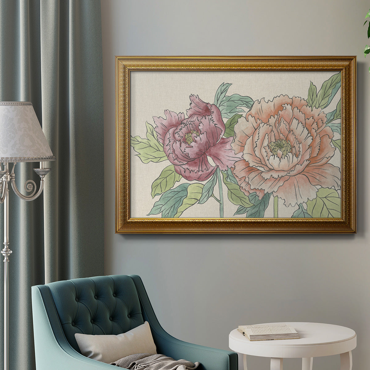 Modern peony floral drawing in an ornate traditional gold frame displayed in a neutral interior setting.