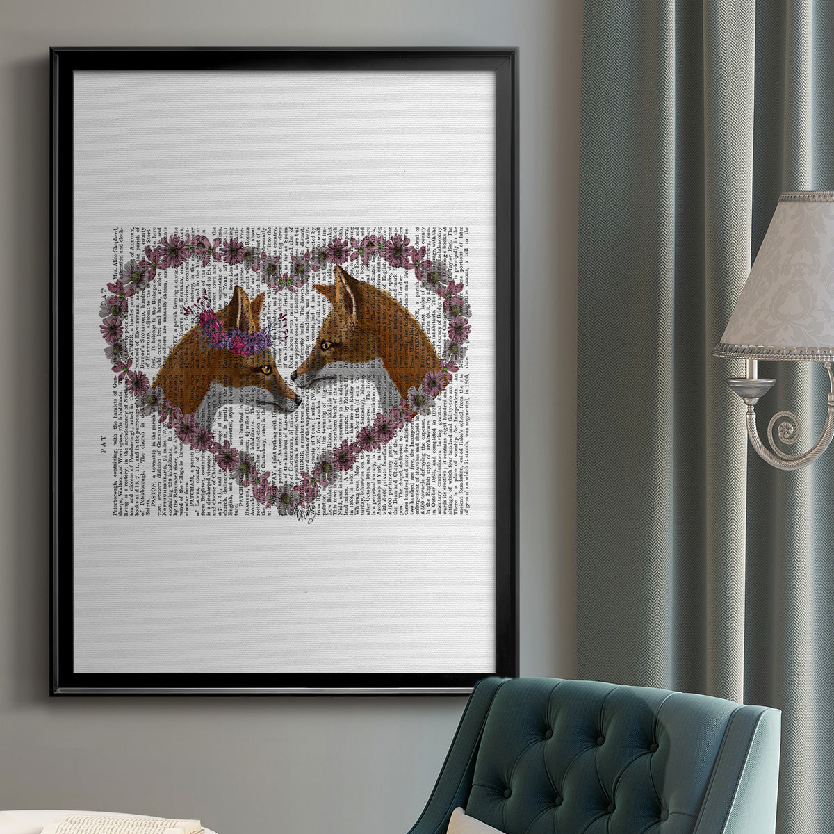 Foxes in Flowers - Modern Framed Canvas Print