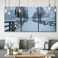Three-panel canvas wall art featuring snow covered rural road photograph, displayed in a modern living room above seating.