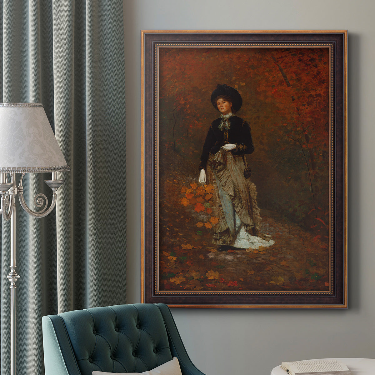 Realist autumn portrait scene by Winslow Homer in an ornate bronzed mahogany wood frame displayed in a dark-toned interior setting.