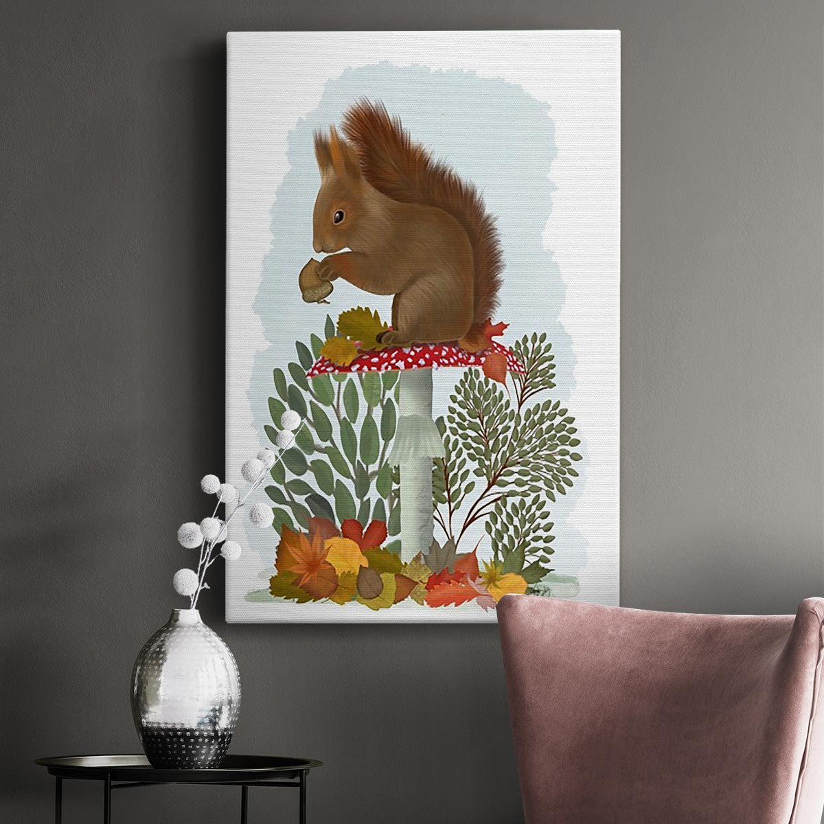 Red Squirrel On Mushroom Premium Gallery Wrapped Canvas - Ready to Hang